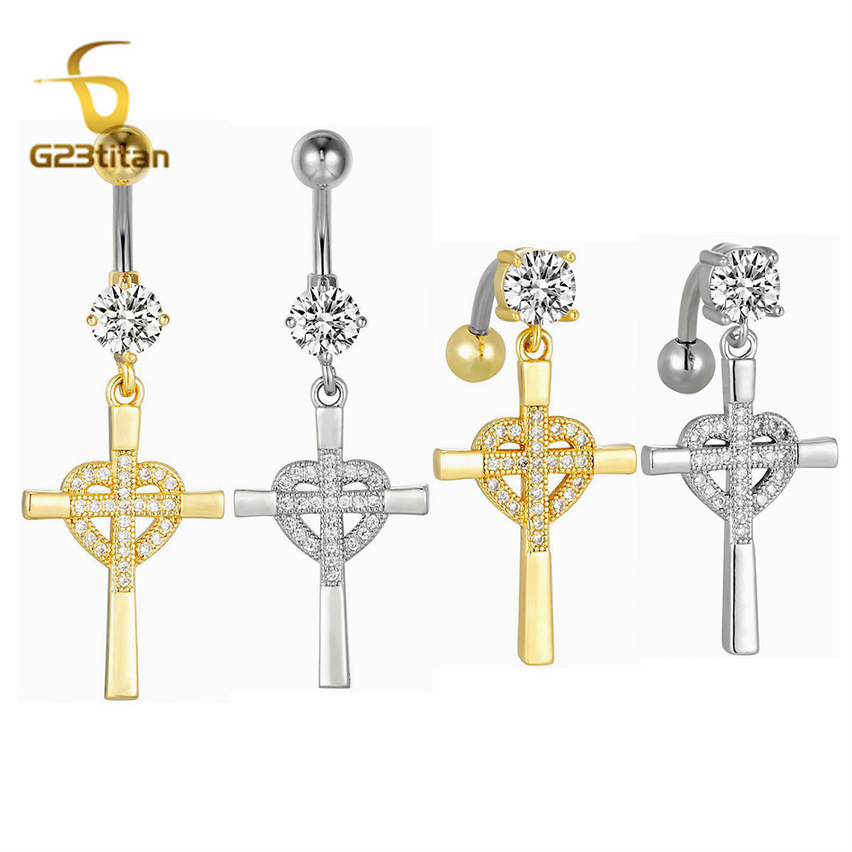 Curved Spring Bar - CZ Heart Cross Zircon Dangled Reverse
